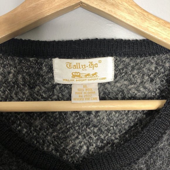 VTG Tally Ho Gray Jacket XL 100% Wool Fair Isle Long Sleeve Cardigan Sweater Top - Picture 6 of 9